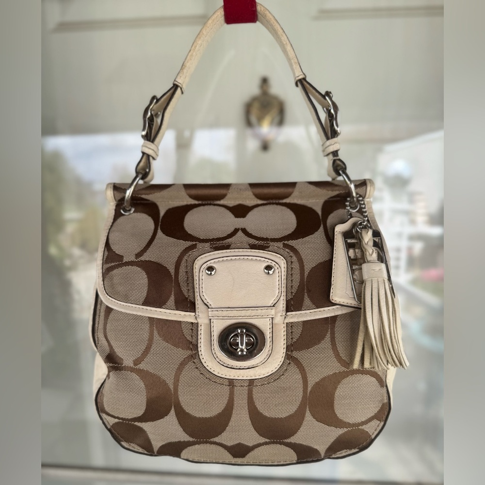 Coach 70th Anniversary Limited Edition Willis Bag, canvas & white leather trim.